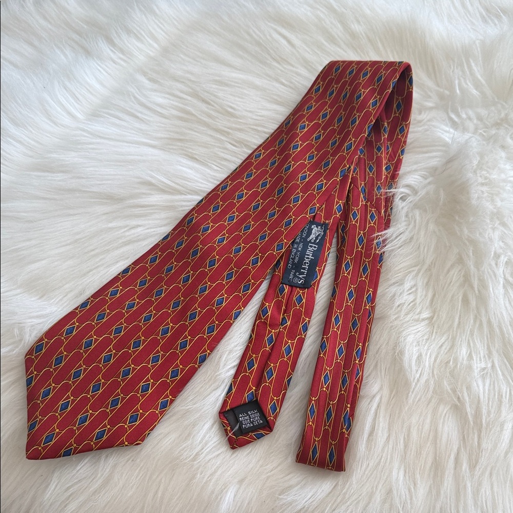 Burberry Vintage Red Geometric Silk Tie with Blue & Gold Accents